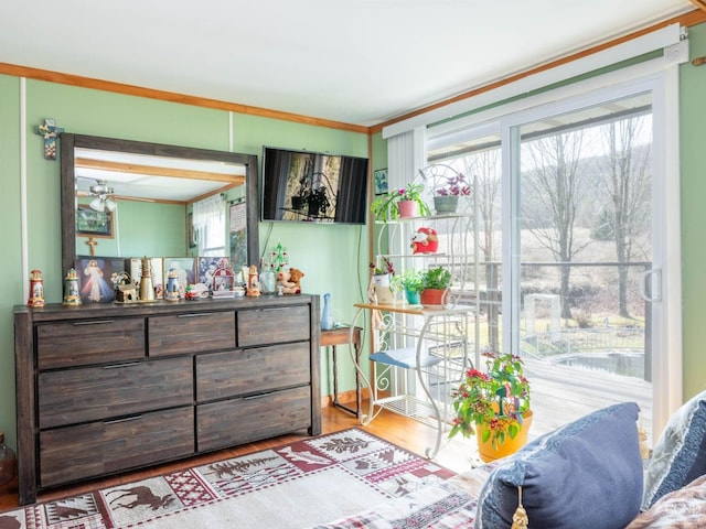 bedroom with multiple windows, crown molding, and wood finished floors