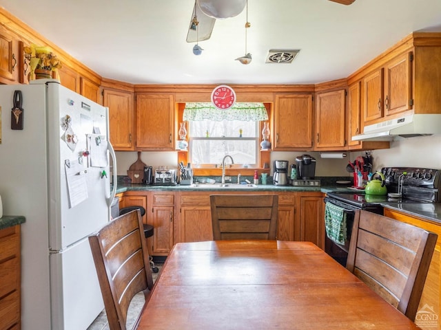 kitchen featuring freestanding refrigerator, black range with electric stovetop, under cabinet range hood, a sink, and brown cabinets