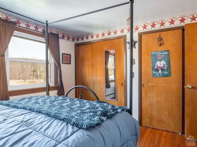 bedroom with multiple windows and wood finished floors