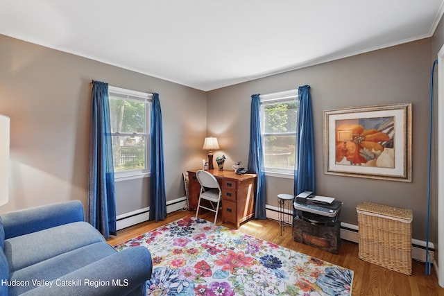 1 Huguenot Rd, Tillson, NY 12486 - office area featuring healthy amount of natural light, wood finished floors, baseboard heating, and ornamental molding