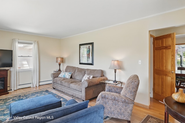 1 Huguenot Rd, Tillson, NY 12486 - living area with light wood-style flooring, crown molding, baseboard heating, baseboards, and a glass covered fireplace
