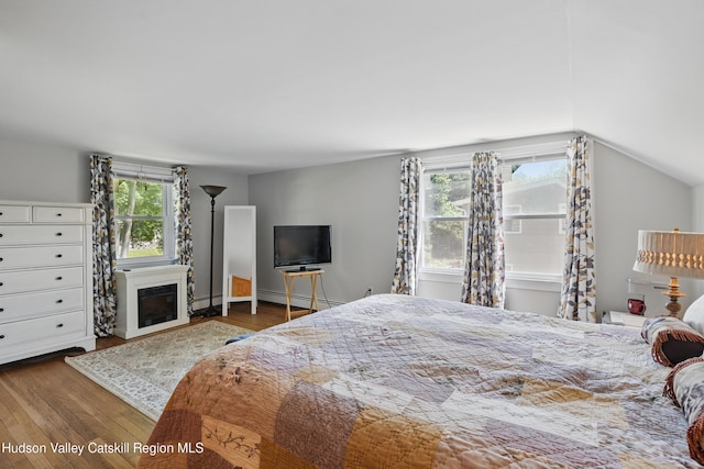 1 Huguenot Rd, Tillson, NY 12486 - bedroom with a baseboard radiator, multiple windows, wood finished floors, and lofted ceiling
