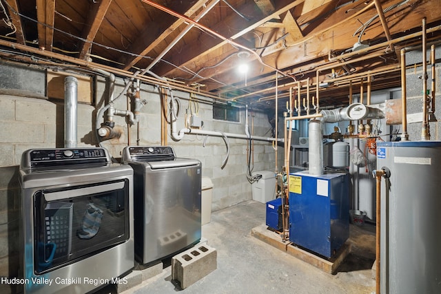 1 Huguenot Rd, Tillson, NY 12486 - unfinished basement featuring water heater, washing machine and dryer, and a heating unit