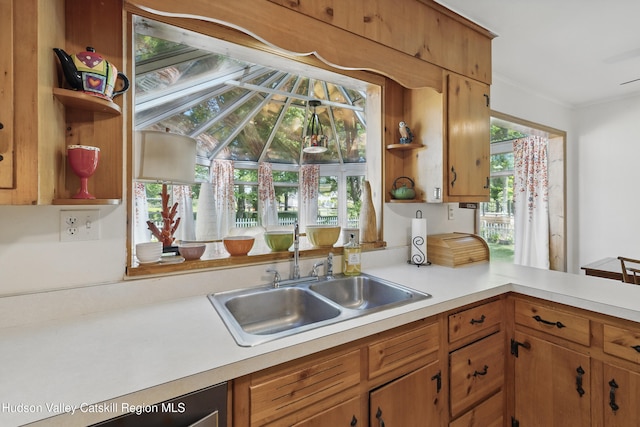 1 Huguenot Rd, Tillson, NY 12486 - kitchen with open shelves, light countertops, and a sink