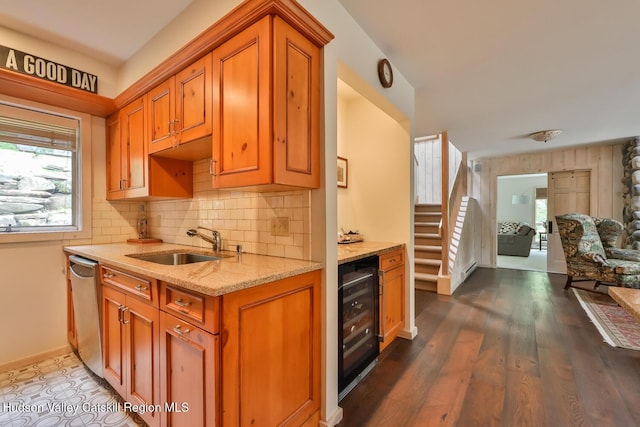 122 Brainard Ridge Rd Unit 14F, Windham, NY 12496 - kitchen featuring light stone countertops, decorative backsplash, brown cabinets, and beverage cooler