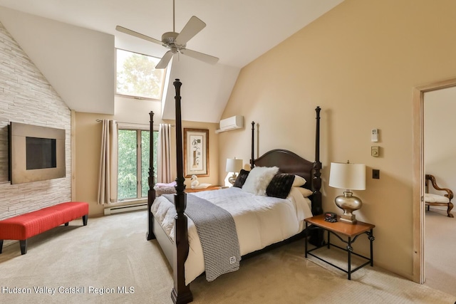 122 Brainard Ridge Rd Unit 14F, Windham, NY 12496 - carpeted bedroom with lofted ceiling, a baseboard heating unit, ceiling fan, and a wall unit AC