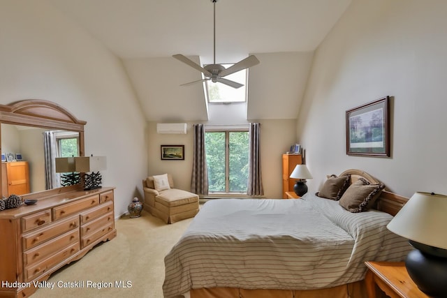 122 Brainard Ridge Rd Unit 14F, Windham, NY 12496 - bedroom with light colored carpet, multiple windows, high vaulted ceiling, a wall mounted AC, and ceiling fan