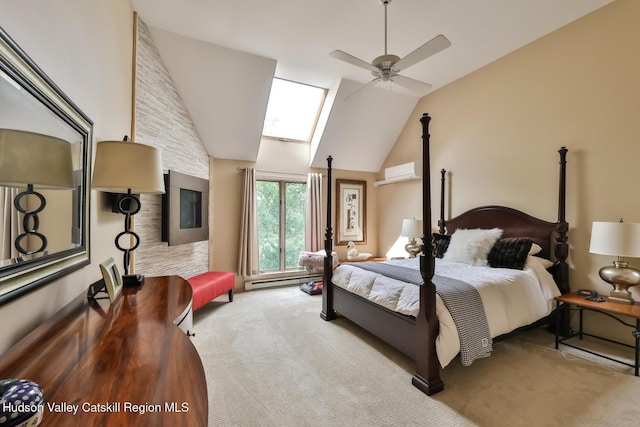122 Brainard Ridge Rd Unit 14F, Windham, NY 12496 - bedroom featuring vaulted ceiling, carpet, a baseboard radiator, a skylight, and ceiling fan