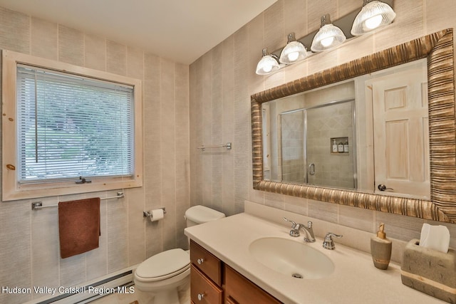 122 Brainard Ridge Rd Unit 14F, Windham, NY 12496 - bathroom with a shower stall, vanity, a baseboard heating unit, and decorative backsplash