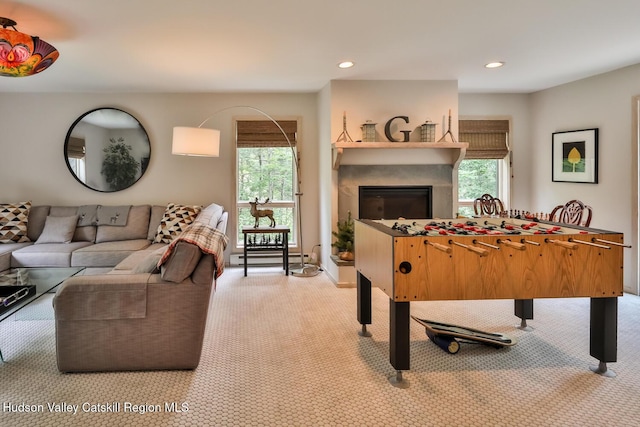 122 Brainard Ridge Rd Unit 14F, Windham, NY 12496 - game room with light colored carpet, healthy amount of natural light, a fireplace, recessed lighting, and a baseboard radiator