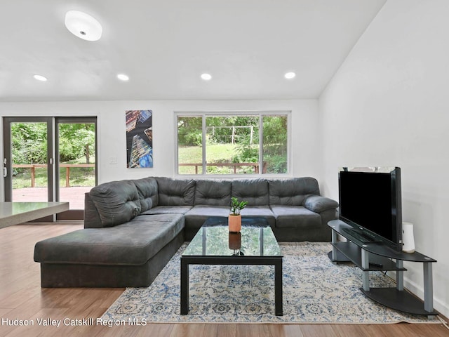 living room featuring wood-type flooring and vaulted ceiling