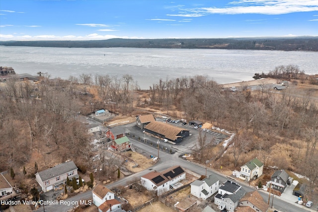 drone / aerial view featuring a water view