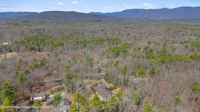 bird's eye view featuring a view of trees and a mountain view