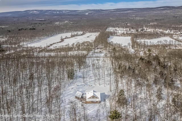 snowy aerial view with a mountain view