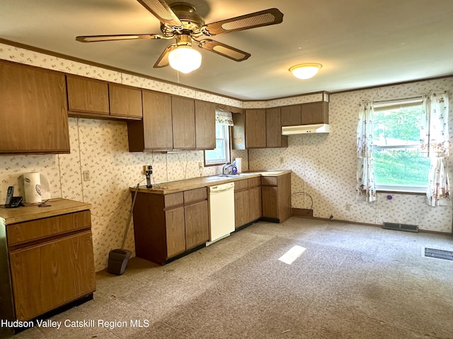 515 Delaware Ave, Andes, NY 13731 - kitchen with dishwasher, under cabinet range hood, wallpapered walls, light carpet, and ceiling fan