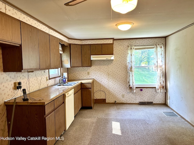 515 Delaware Ave, Andes, NY 13731 - kitchen with white dishwasher, light carpet, crown molding, wallpapered walls, and under cabinet range hood