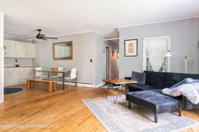 3271 Rte 212, Bearsville, NY 12409 - living room featuring ornamental molding, baseboard heating, baseboards, and light wood finished floors