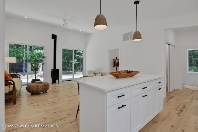 377 Pennsylvania Ave, Palenville, NY 12463 - kitchen featuring light wood finished floors, a wood stove, white cabinetry, light countertops, and recessed lighting