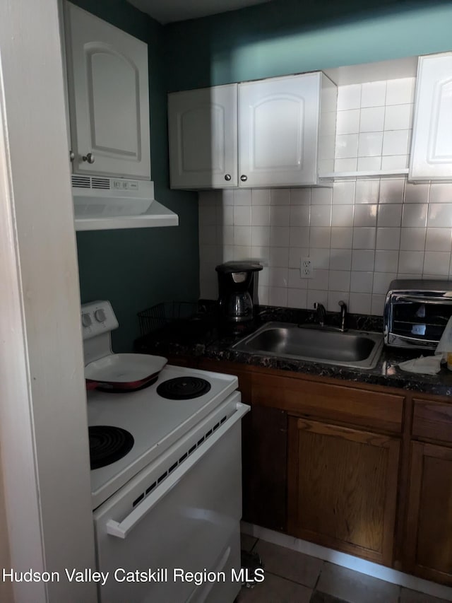 kitchen with white cabinetry, sink, white electric range, ventilation hood, and decorative backsplash