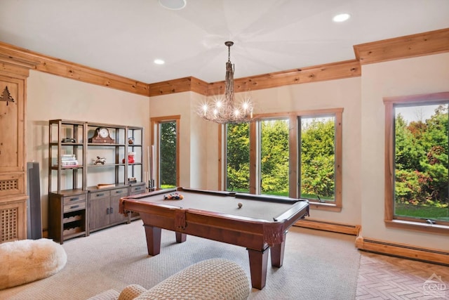 19 Twin Maples Ln, Windham, NY 12496 - playroom featuring baseboard heating, pool table, light carpet, recessed lighting, and a chandelier