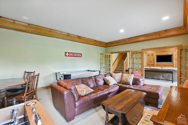 19 Twin Maples Ln, Windham, NY 12496 - carpeted living room featuring baseboards, recessed lighting, stairs, and a tray ceiling
