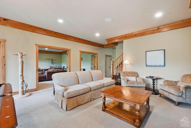 19 Twin Maples Ln, Windham, NY 12496 - living room with carpet floors, recessed lighting, beamed ceiling, baseboards, and stairs