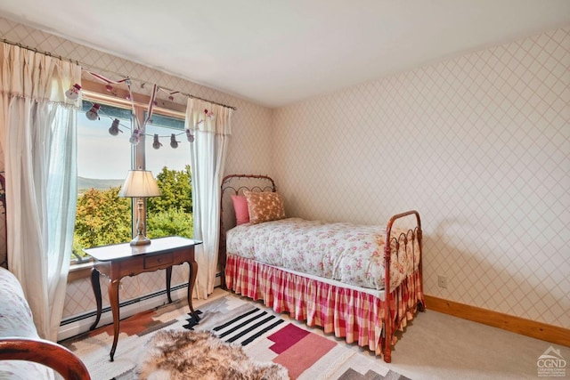 19 Twin Maples Ln, Windham, NY 12496 - carpeted bedroom with wallpapered walls and a baseboard radiator