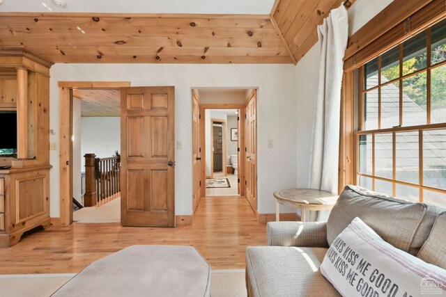 19 Twin Maples Ln, Windham, NY 12496 - living room with light wood-style floors, wood ceiling, baseboards, and vaulted ceiling