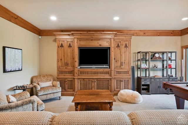 19 Twin Maples Ln, Windham, NY 12496 - living area featuring carpet flooring, recessed lighting, billiards table, and crown molding