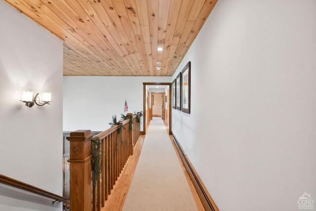 19 Twin Maples Ln, Windham, NY 12496 - hall featuring an upstairs landing, light colored carpet, wooden ceiling, and recessed lighting