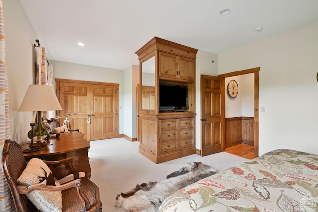 19 Twin Maples Ln, Windham, NY 12496 - bedroom featuring light carpet, wainscoting, and recessed lighting