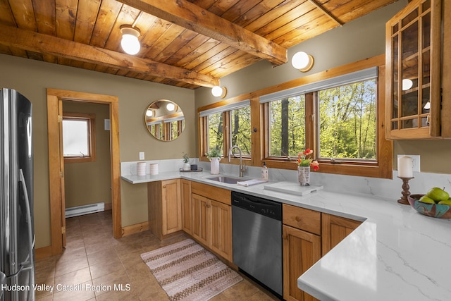 172 Stone Dock Rd, High Falls, NY 12440 - kitchen with appliances with stainless steel finishes, a sink, a baseboard radiator, wooden ceiling, and light tile patterned floors