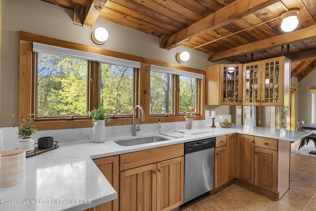 172 Stone Dock Rd, High Falls, NY 12440 - kitchen featuring a sink, stainless steel dishwasher, wood ceiling, a peninsula, and beam ceiling