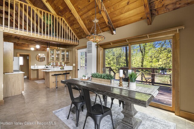 172 Stone Dock Rd, High Falls, NY 12440 - dining area featuring wood ceiling, beamed ceiling, a chandelier, light tile patterned floors, and high vaulted ceiling