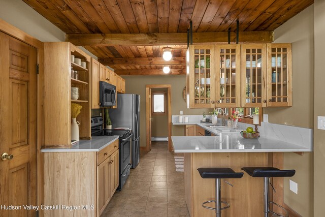172 Stone Dock Rd, High Falls, NY 12440 - kitchen with range with electric cooktop, wooden ceiling, open shelves, baseboard heating, and a breakfast bar