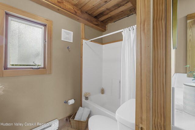 172 Stone Dock Rd, High Falls, NY 12440 - full bath featuring toilet, shower / bath combination with curtain, wood ceiling, and beamed ceiling