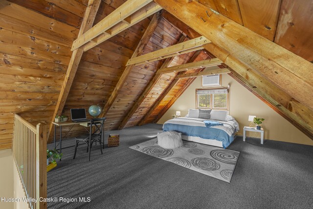 172 Stone Dock Rd, High Falls, NY 12440 - bedroom featuring carpet floors, lofted ceiling, and wooden ceiling