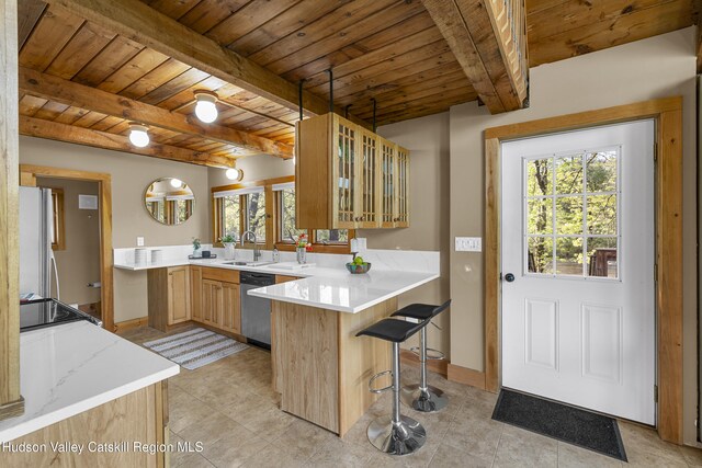 172 Stone Dock Rd, High Falls, NY 12440 - kitchen with wooden ceiling, plenty of natural light, a peninsula, a kitchen bar, and beamed ceiling