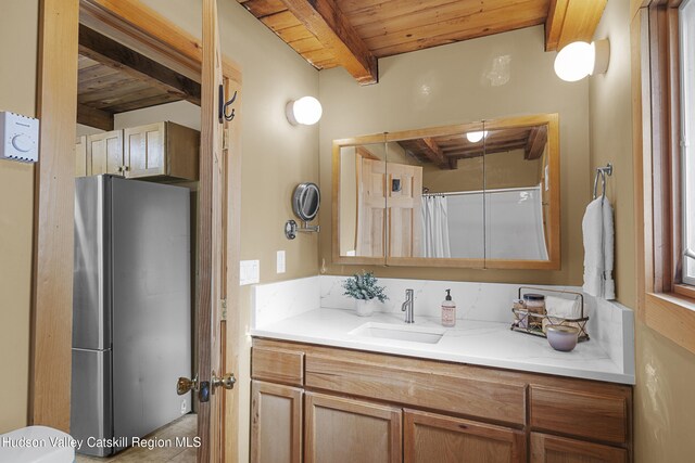 172 Stone Dock Rd, High Falls, NY 12440 - bathroom featuring beamed ceiling, wood ceiling, and vanity