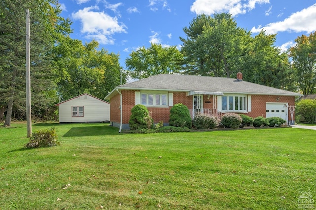 460 Joslen Blvd, Hudson, NY 12534 - ranch-style house featuring an attached garage, brick siding, a front yard, and a chimney