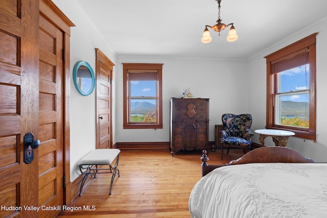 bedroom with light hardwood / wood-style floors and an inviting chandelier