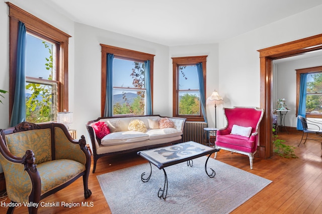 living room with hardwood / wood-style floors and radiator heating unit