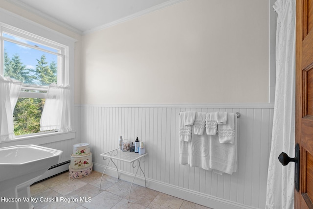 bathroom featuring tile patterned flooring, a healthy amount of sunlight, and ornamental molding