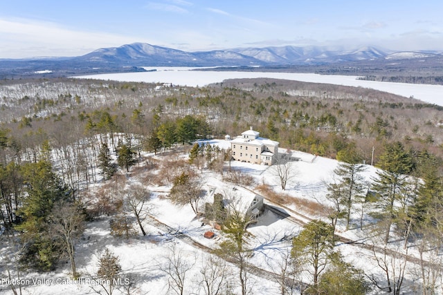 snowy aerial view featuring a mountain view