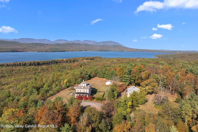 bird's eye view with a water and mountain view