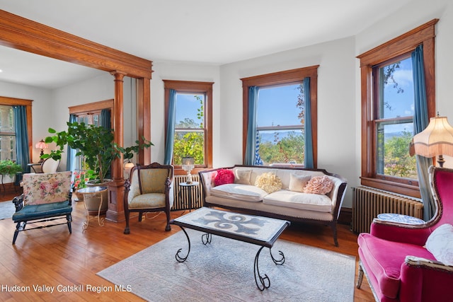 living room with light wood-type flooring, radiator heating unit, and decorative columns