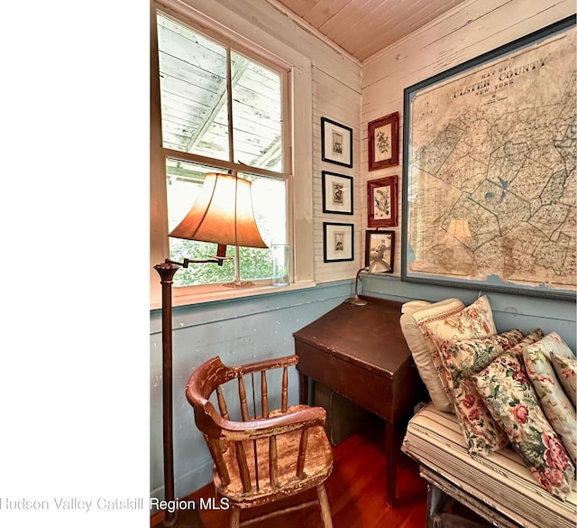 5429 Dry Brook Rd, Hardenburgh, NY 12406 - sitting room featuring wood finished floors, wooden ceiling, and wooden walls