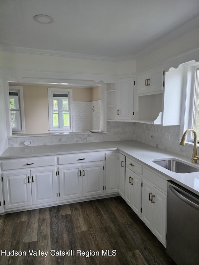kitchen with dishwasher, a sink, open shelves, white cabinets, and ornamental molding