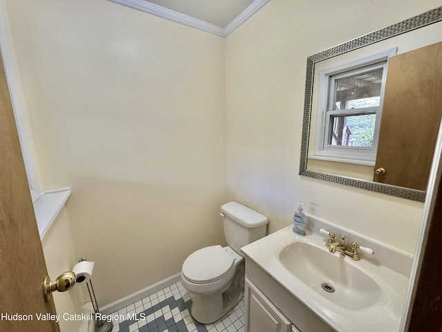 36 Susi Oval, Modena, NY 12548 - half bath with ornamental molding, toilet, vanity, baseboards, and tile patterned floors