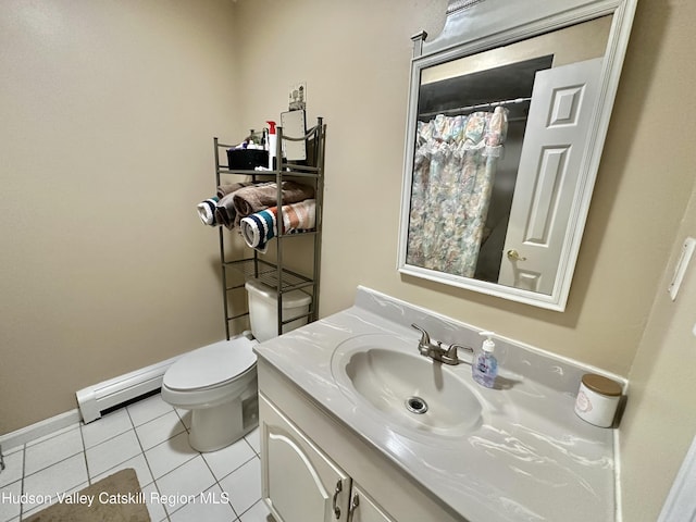 36 Susi Oval, Modena, NY 12548 - bathroom featuring tile patterned floors, a baseboard heating unit, vanity, toilet, and a shower with curtain